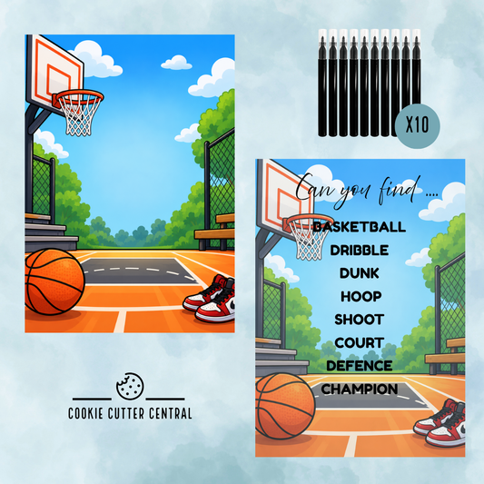 Basketball Theme Word Search Cookie Activity Set – Cutter, Embosser, Edible Markers & Backing Cards