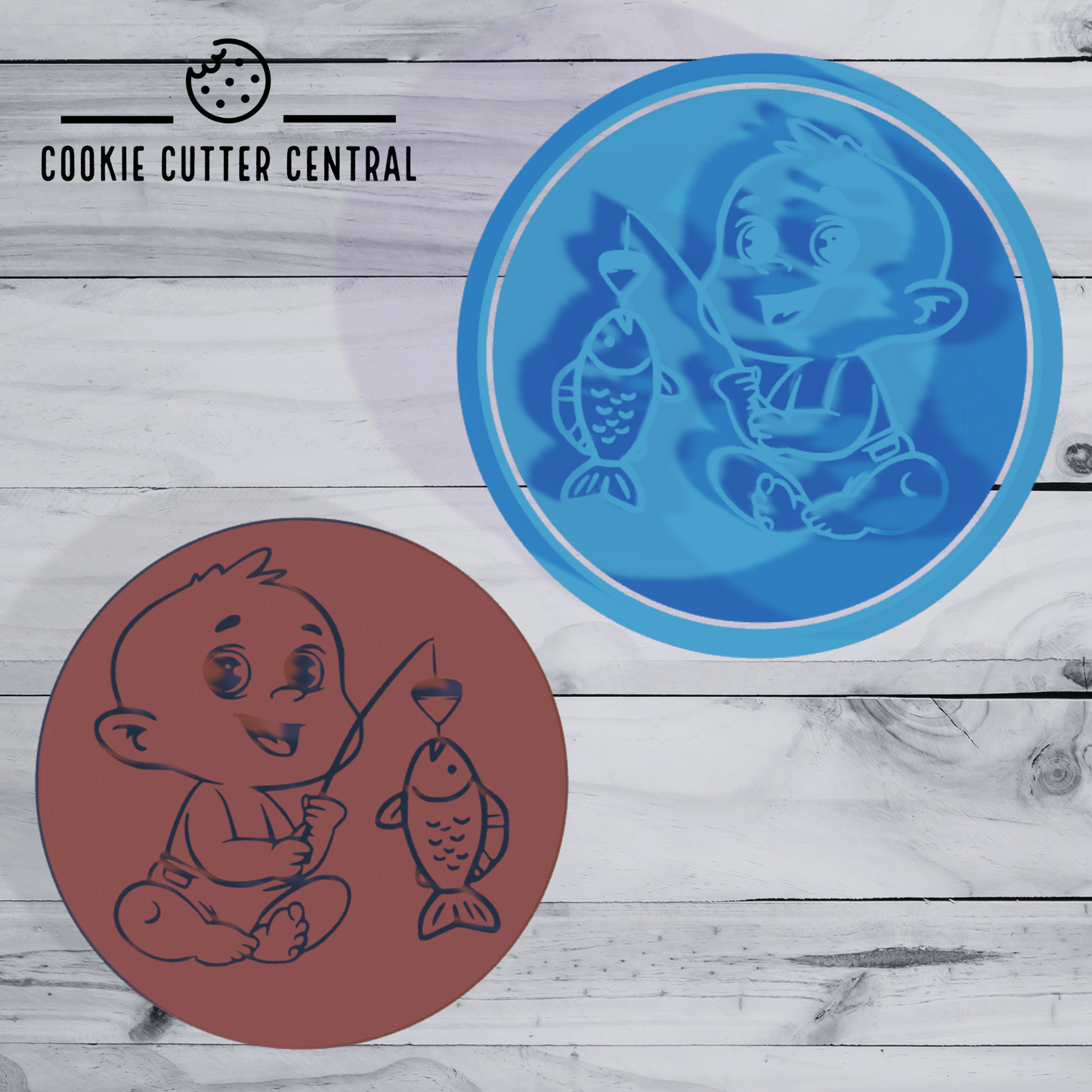 Baby with Fishing Rod and Fish Cookie Cutter and Embosser - 7.5cm Round