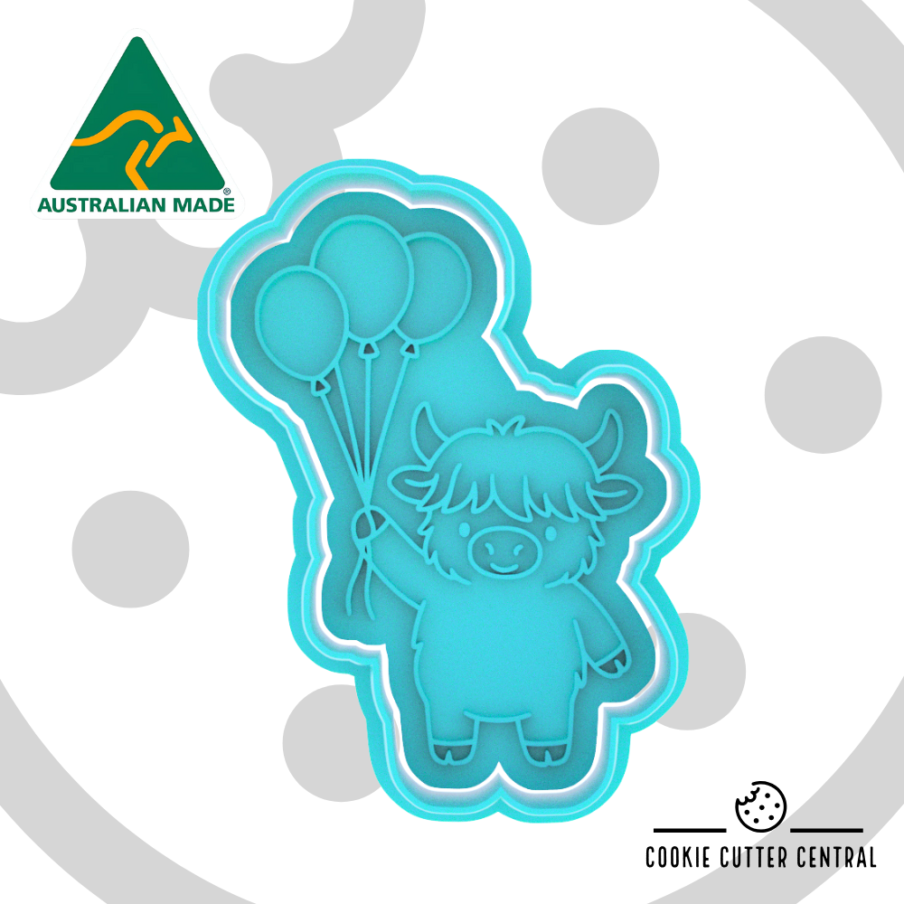 Highland Cow with Balloons Cookie Cutter and Embosser - 8.6cm x 6.3cm