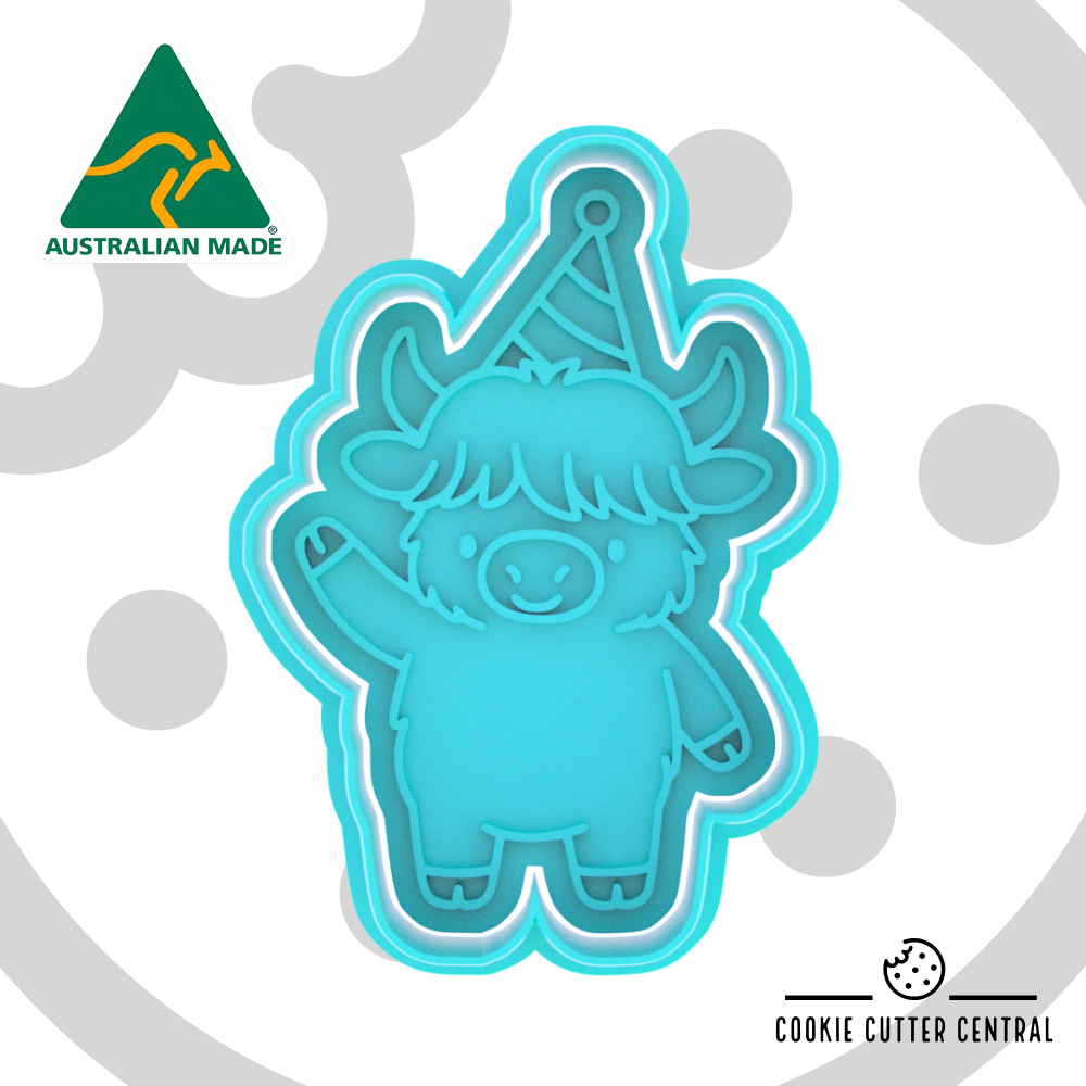 Highland Cow with Party Hat Cookie Cutter and Embosser - 8.6cm x 5.9cm