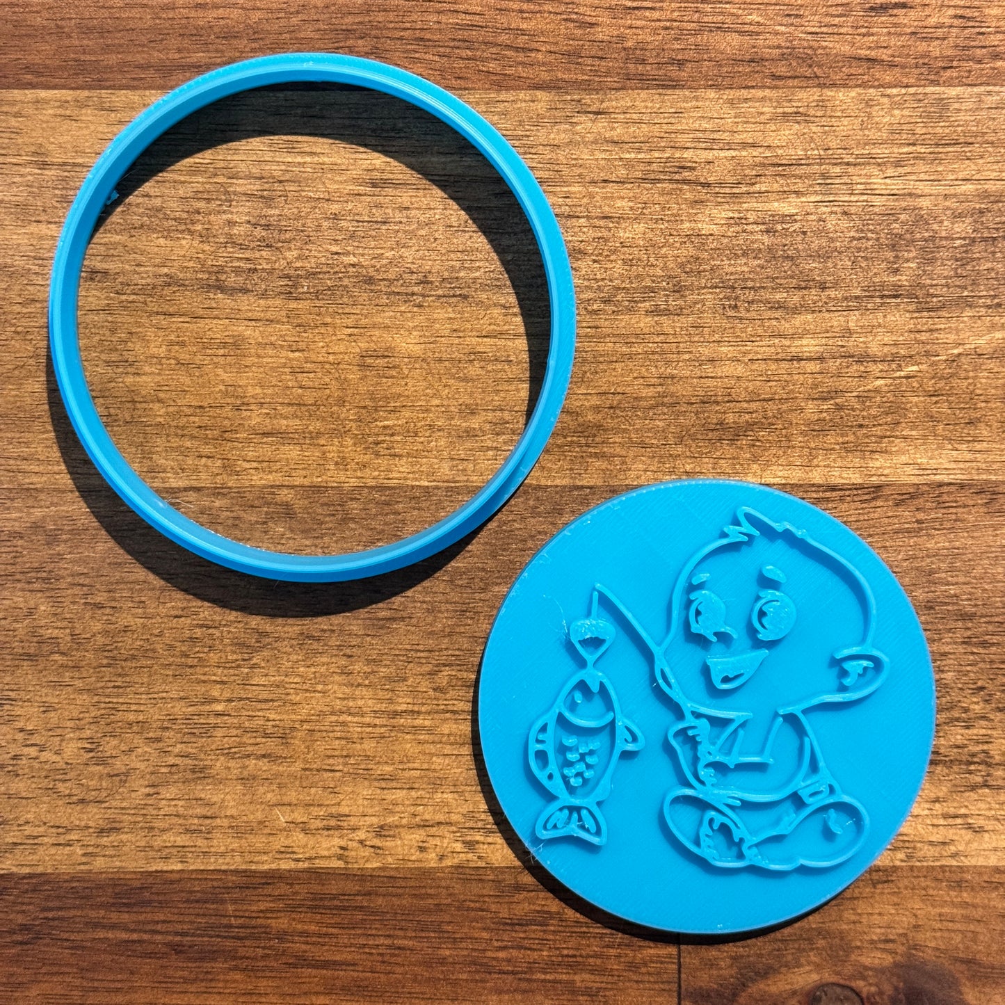 Baby with Fishing Rod and Fish Cookie Cutter and Embosser - 7.5cm Round