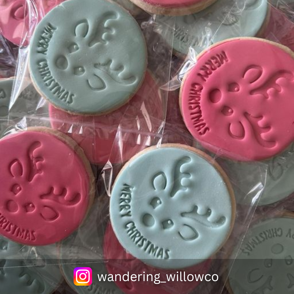 Merry Christmas with Reindeer Face Cookie Cutter and Embosser 7.5cm Round