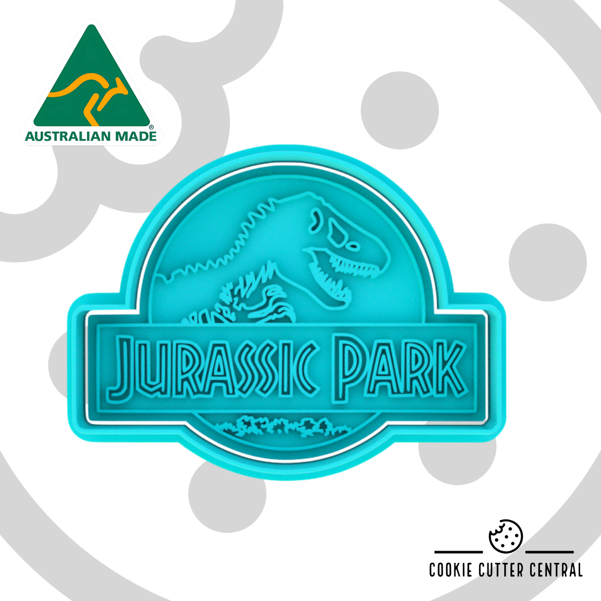 Teal 'Jurassic Park' cookie cutter with dinosaur design on a white background