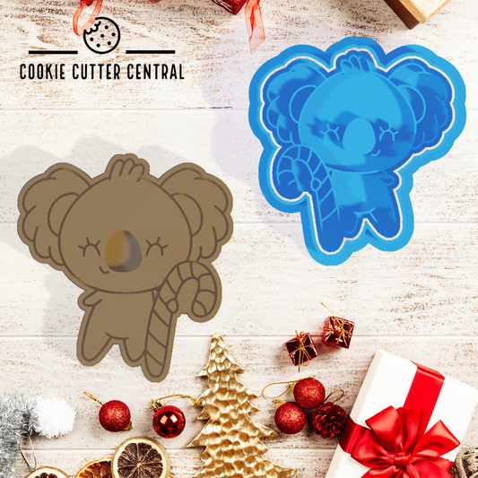 Koala with candy cane Cookie Cutter and Embosser - 7.3cm x 6.9cm