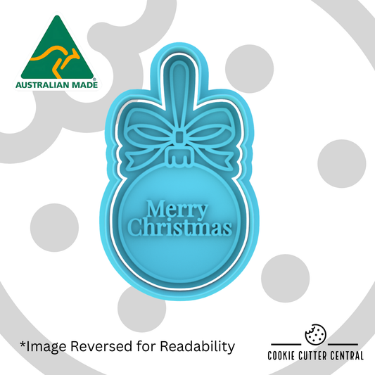 Merry Christmas Bauble with Bow Cookie Cutter and Embosser - 8.8cm x 5.1cm