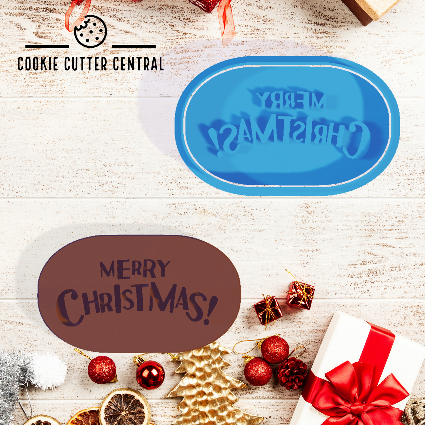 Merry Christmas Rounded Rectangle Cookie Cutter and Embosser - 5.5cm x 9.5cm