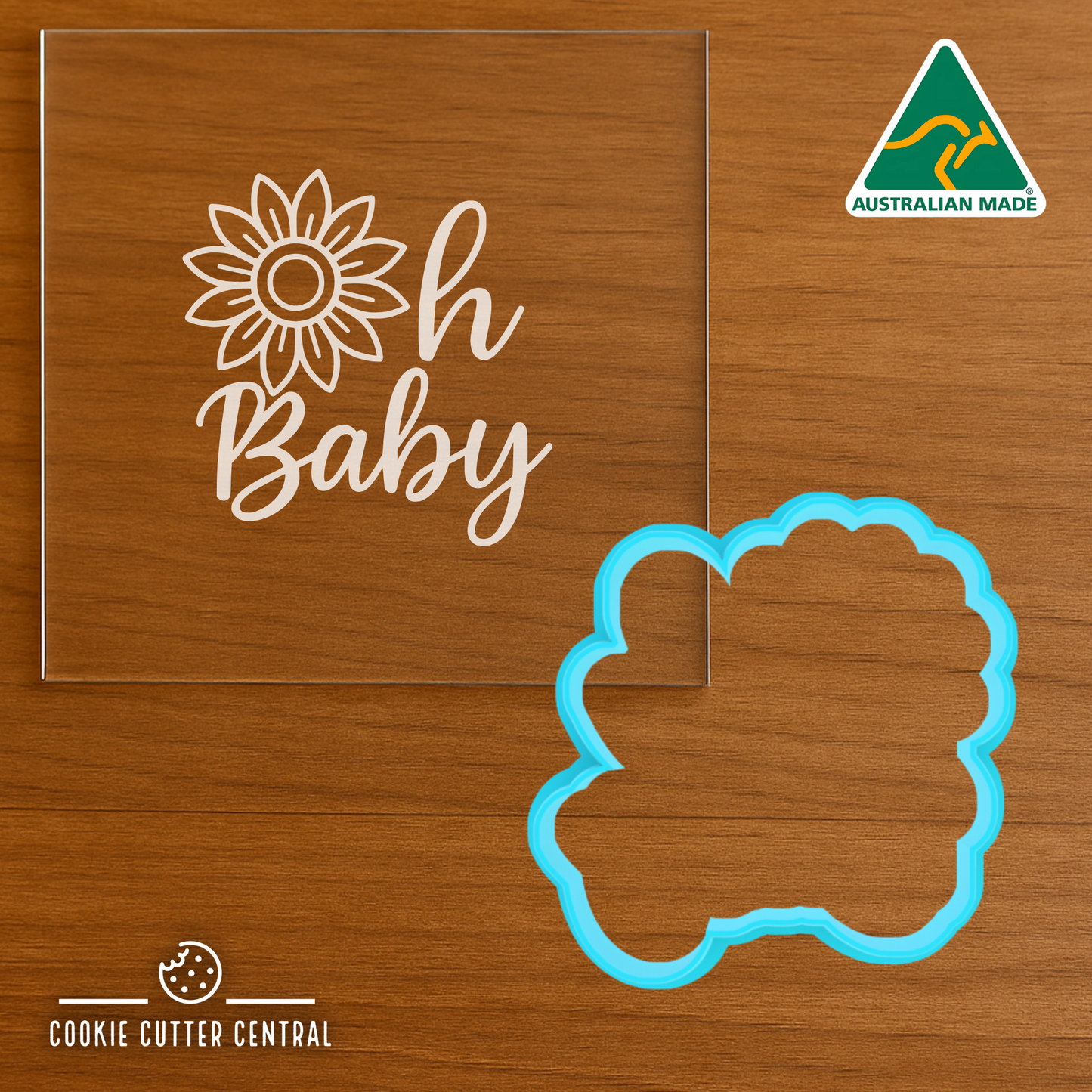 Oh Baby (Sunflower) Cookie Cutter and Acrylic Debosser - 6.9cm x 6.8cm
