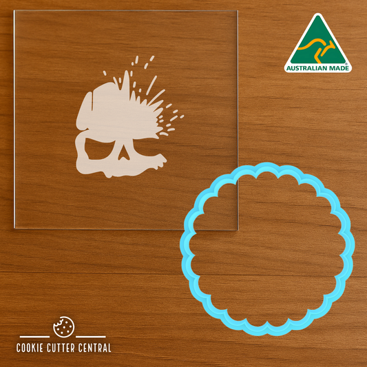 Scalloped Circle Cookie Cutter with Skull Explosion Acrylic Debosser - 7cm x 7cm