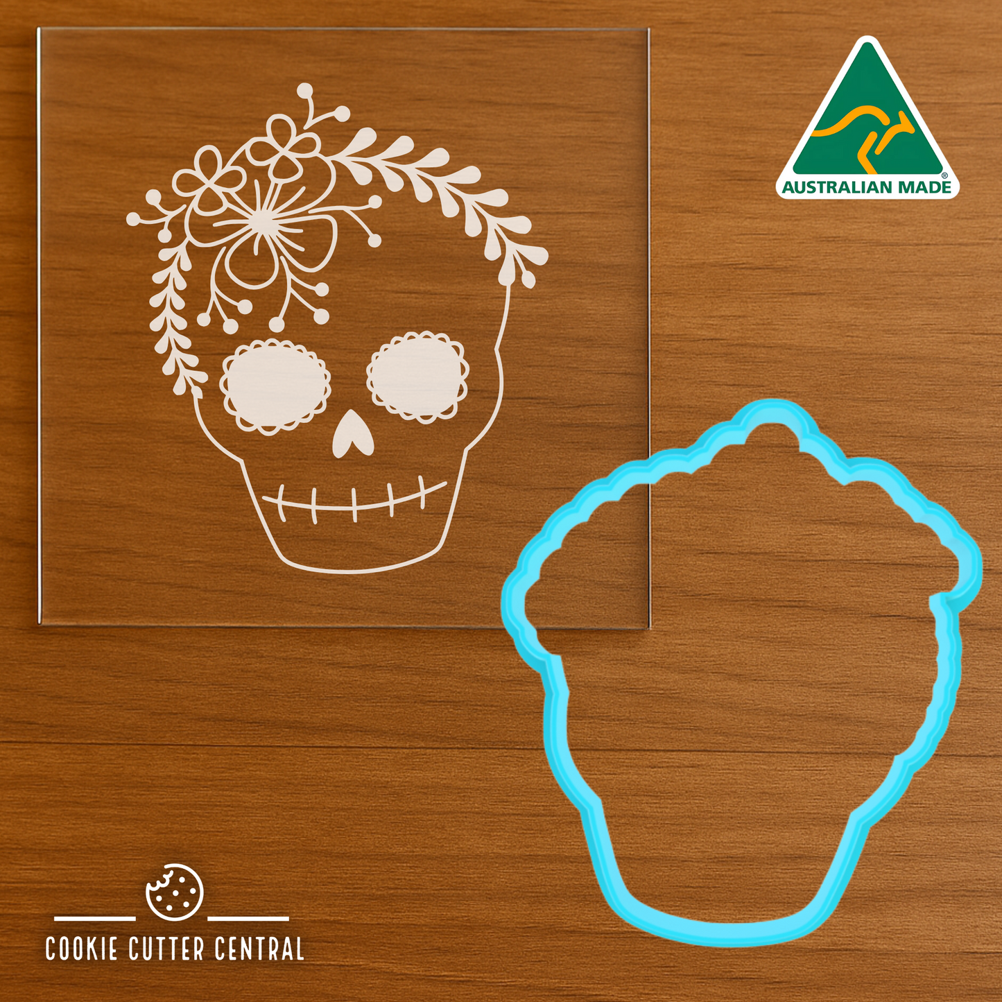 Skull Head with Floral Headpiece Cookie Cutter and Acrylic Debosser - 8.8cm x 7.6cm