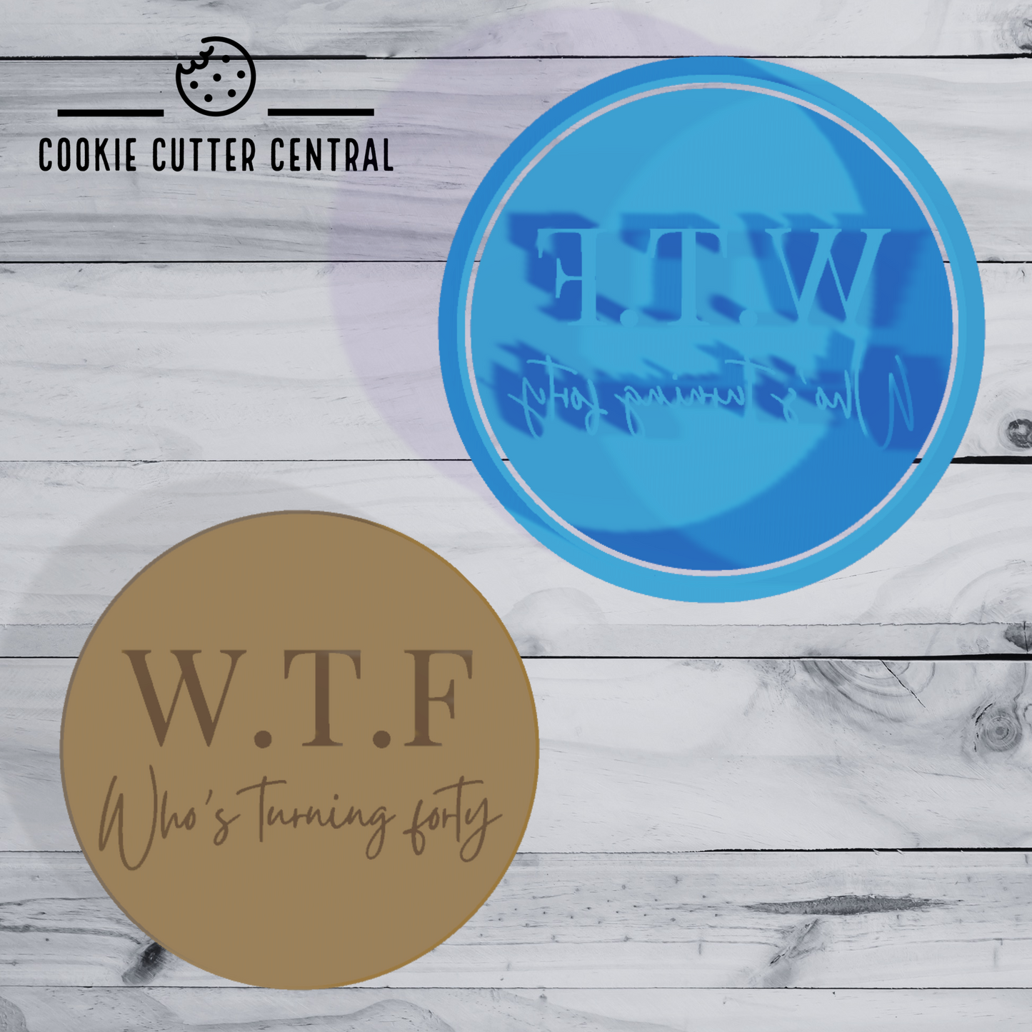 W.T.F Who's Turning Forty Cookie Cutter and Embosser - 7.5cm Round
