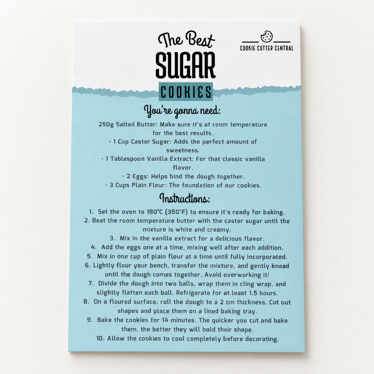 The Best Sugar Cookies Recipe Card - full printed card in square studio product photo