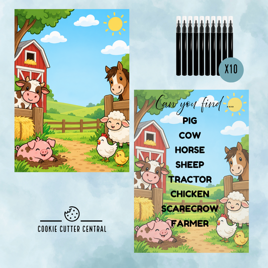 Farm Theme Word Search Cookie Activity Set – Cutter, Embosser, Edible Markers & Backing Cards