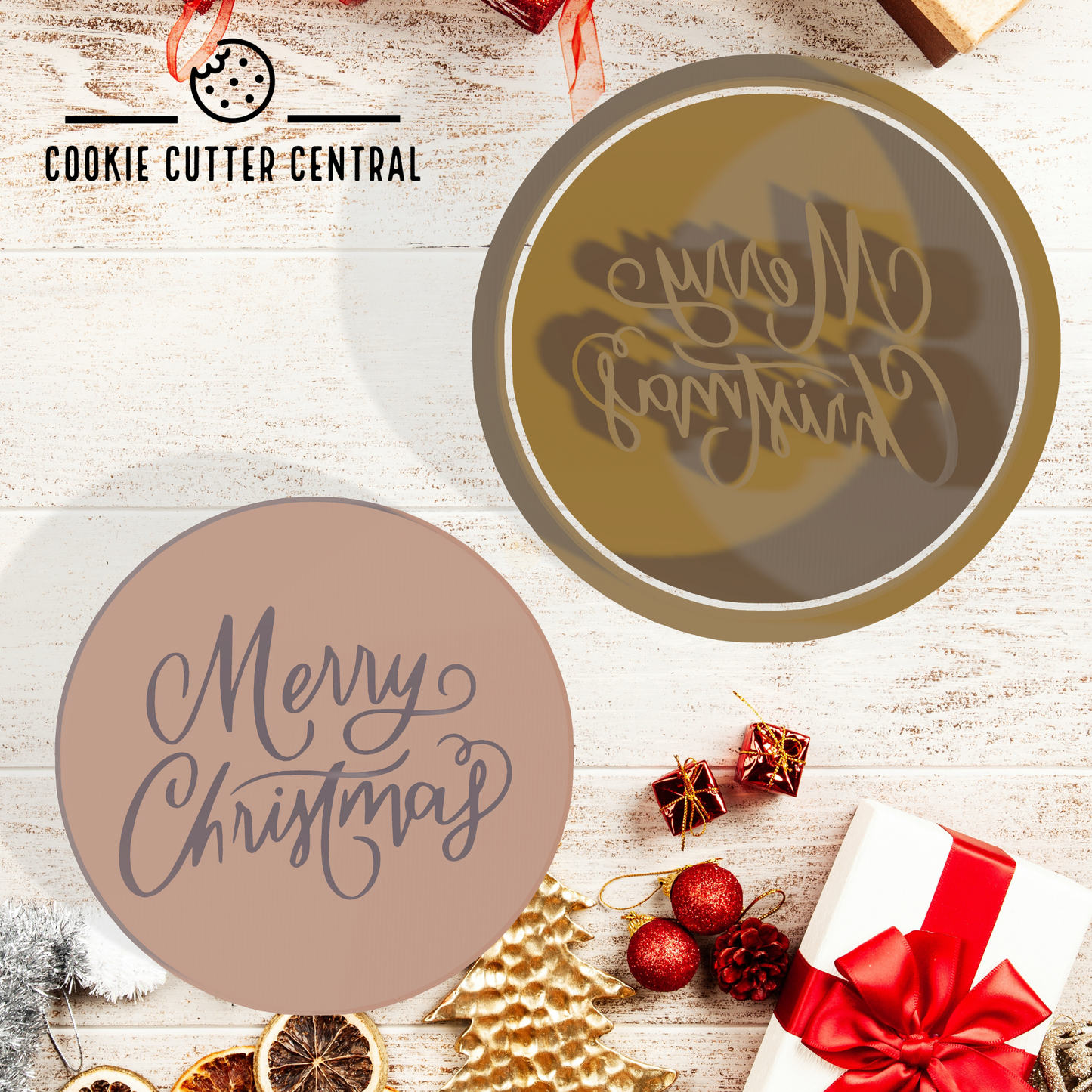 Merry Christmas Cookie Cutter and Embosser - 6.5cm Round
