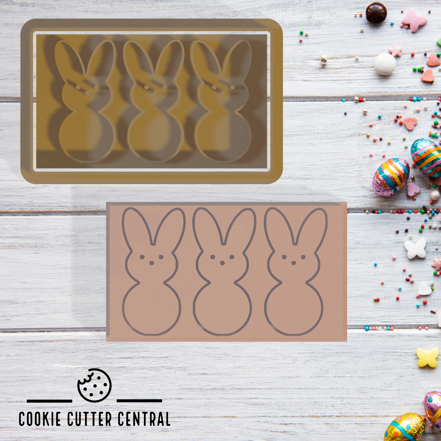 3 Bunnies Rectangle Cookie Cutter and Embosser - 4.4cm x 7.5cm