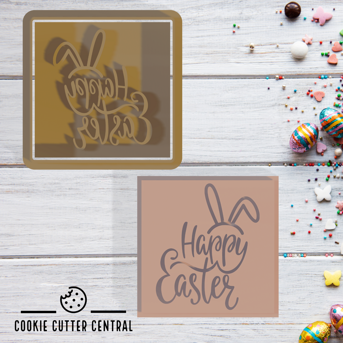 Happy Easter Bunny Cookie Cutter and Embosser - 5.8cm Square