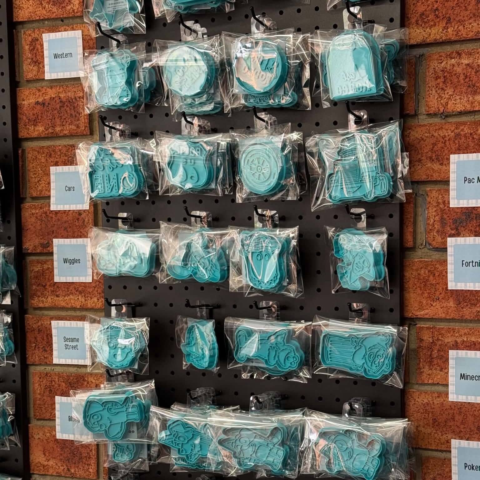Packaged cookie cutters and stamps displayed in our Morwell shop