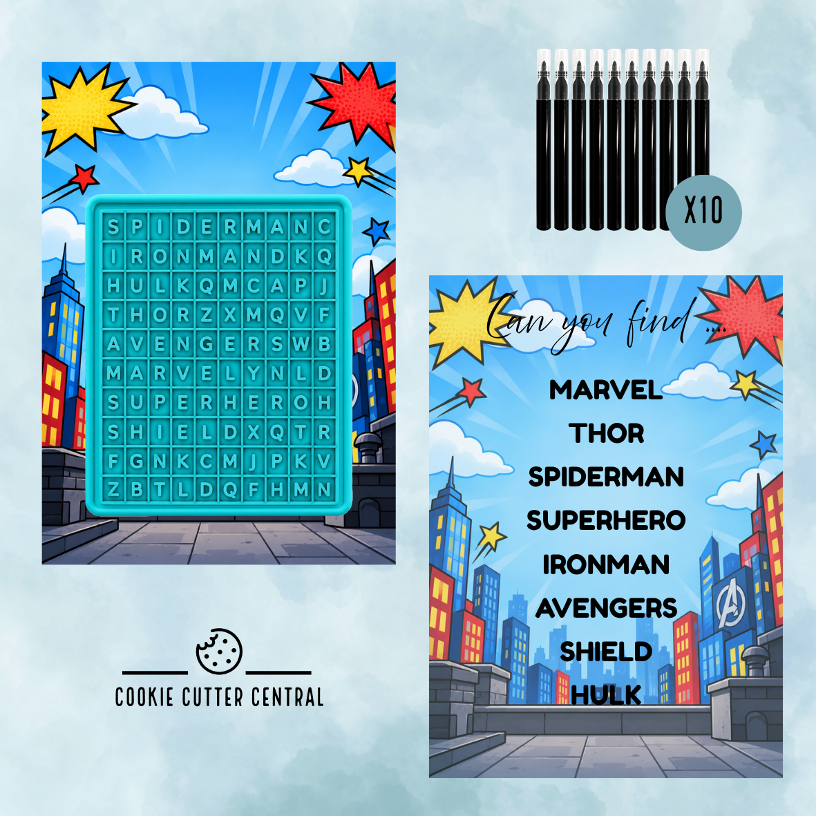 Marvel Theme Word Search Cookie Activity Set – Cutter, Embosser, Edible Markers & Backing Cards