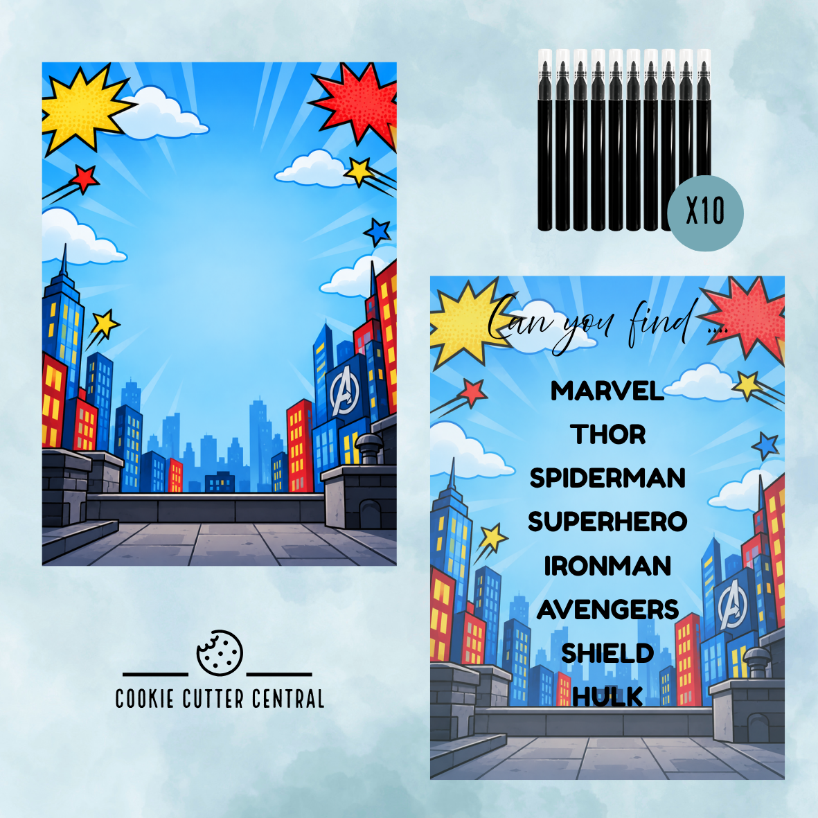 Marvel Theme Word Search Cookie Activity Set – Cutter, Embosser, Edible Markers & Backing Cards