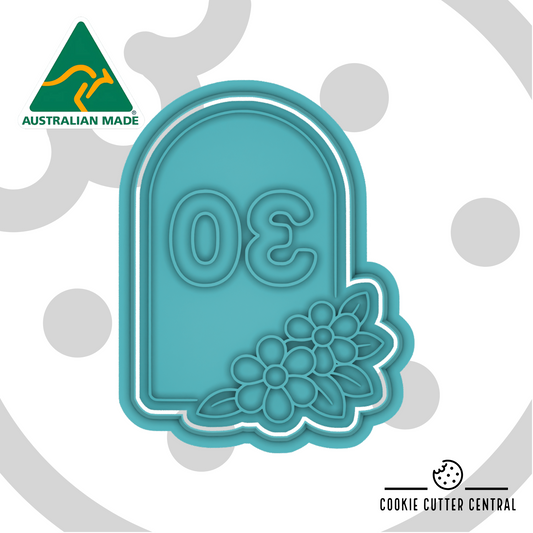 30th Birthday with Flowers Cookie Cutter and Embosser - 7cm x 8.8cm