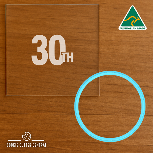 30th (Design 1) Cookie Cutter and Acrylic Debosser - 6.5cm Round