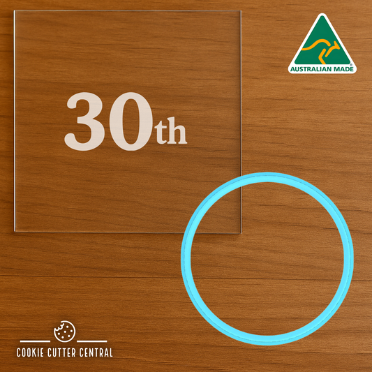 30th (Design 2) Cookie Cutter and Acrylic Debosser - 6.5cm Round