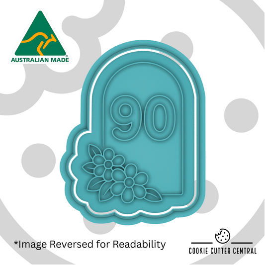 90 with Flowers Cookie Cutter and Embosser - 7.4cm x 5.6cm