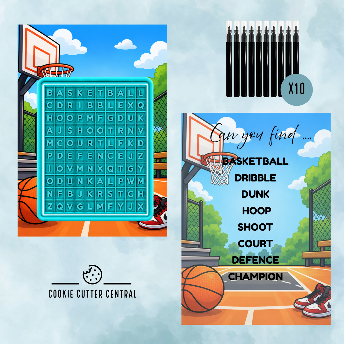 Basketball Theme Word Search Cookie Activity Set – Cutter, Embosser, Edible Markers & Backing Cards