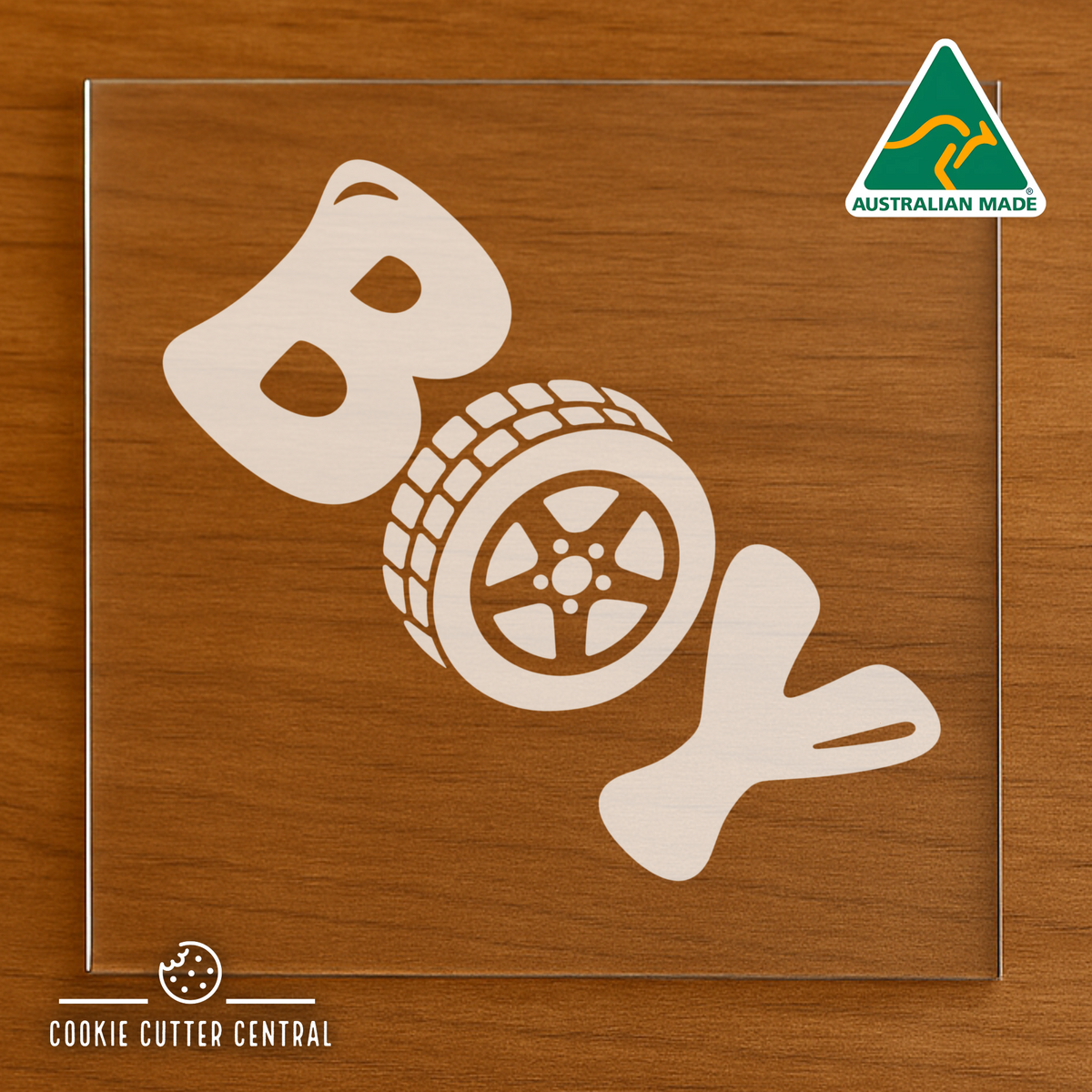 Boy with Tyre Cookie Cutter and Acrylic Debosser - 9.5cm x 4.1cm