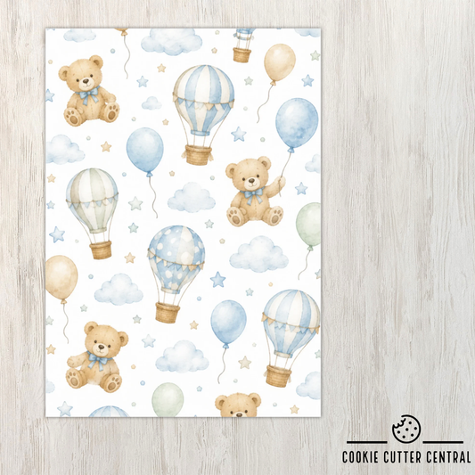 Teddy Bear and Hot Air Balloon Blue Cookie Backing Cards – Pack of 10