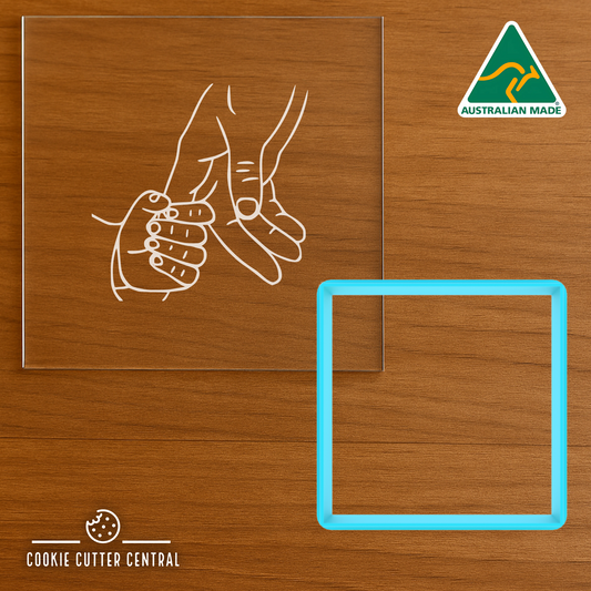 Parent Holding Baby Hand Cookie Cutter and Acrylic Debosser - 6cm Square