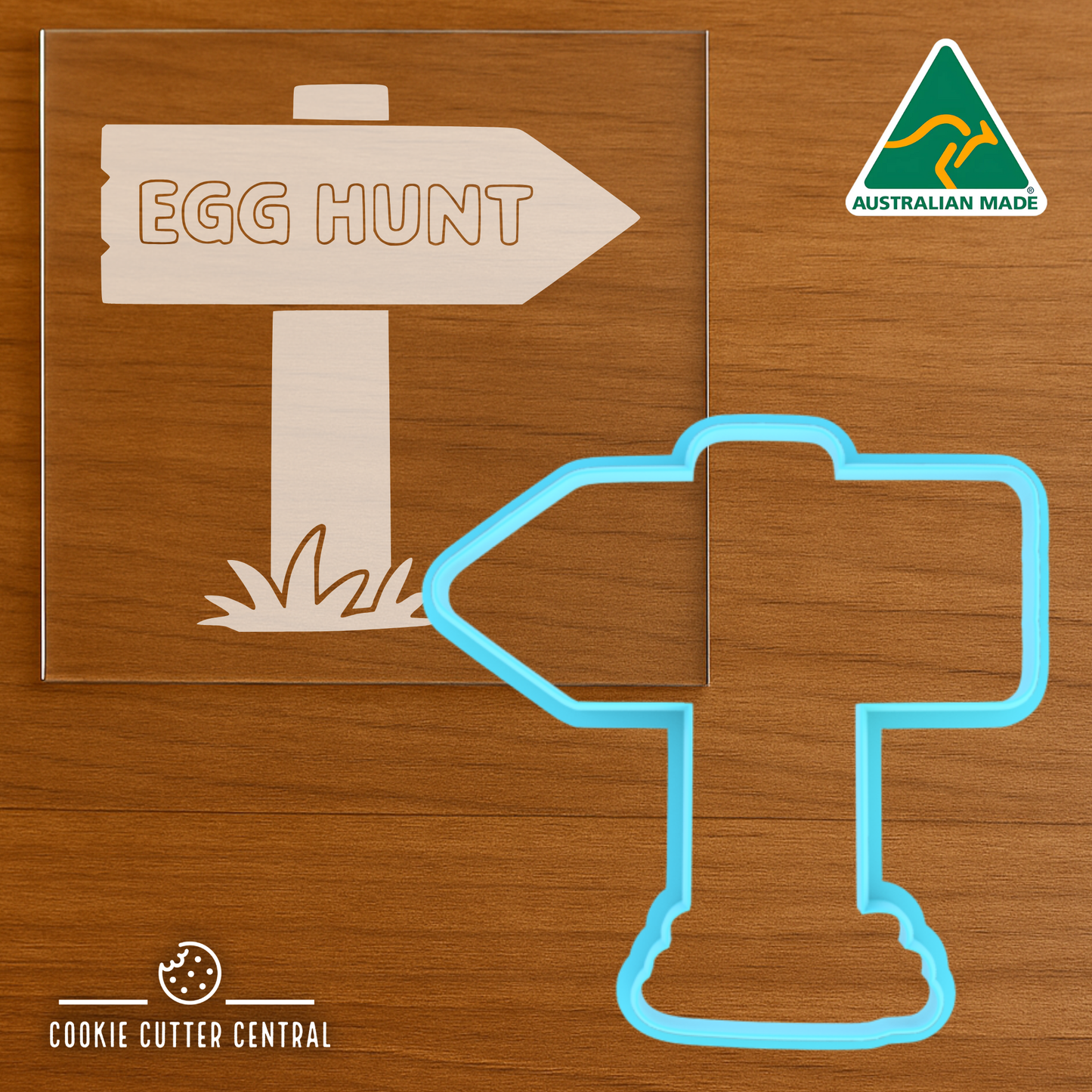 Egg Hunt Sign Cookie Cutter and Acrylic Debosser - 9cm x 8.9cm