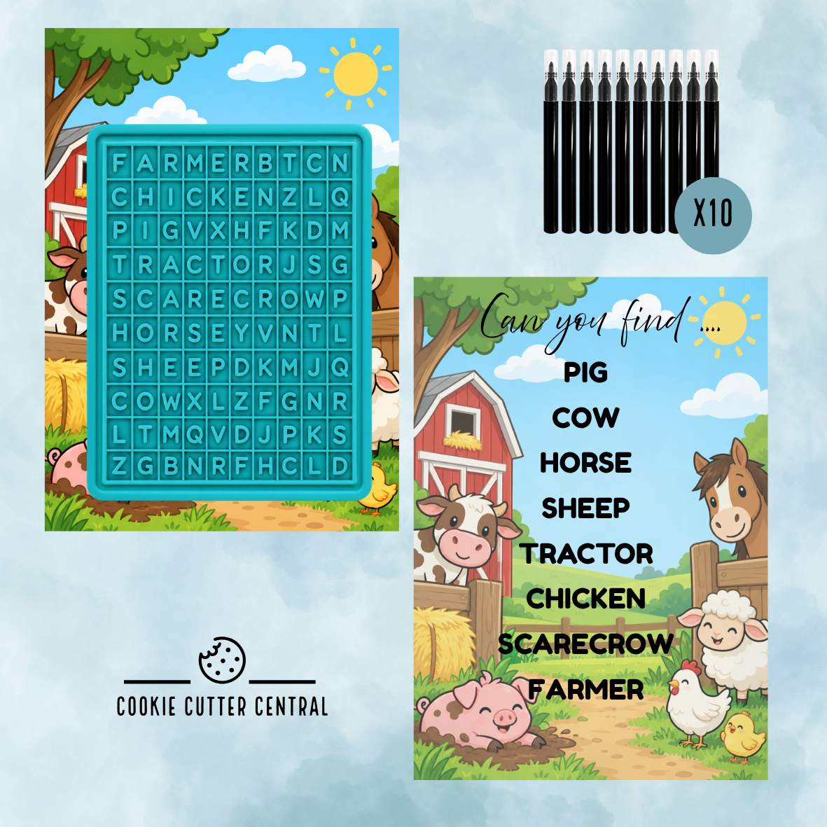 Farm Theme Word Search Cookie Activity Set – Cutter, Embosser, Edible Markers & Backing Cards