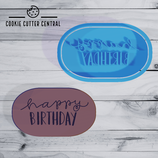 Happy Birthday Cookie Cutter and Embosser - Rounded Rectangle 9.5cm x 5.5cm