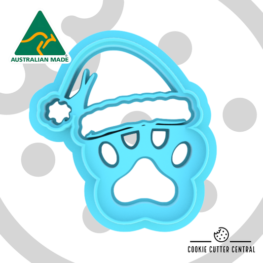 Paw Print with Santa Hat Cookie Imprint Cutter - 8.7cm x 8cm