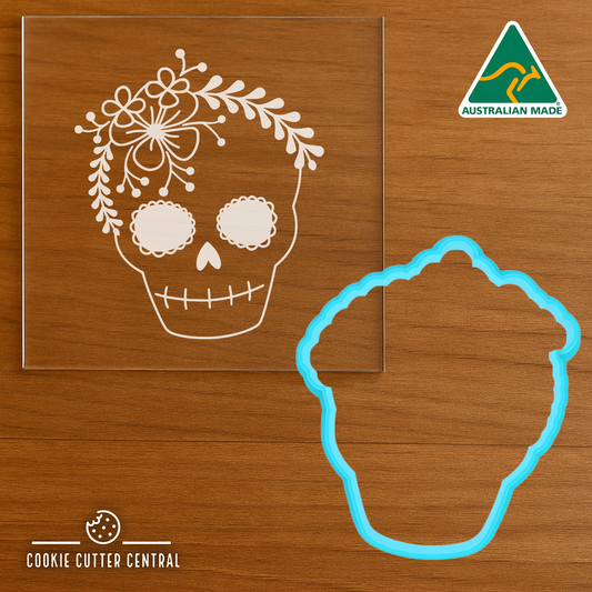 Skull Head with Floral Headpiece Cookie Cutter and Acrylic Debosser - 8.8cm x 7.6cm