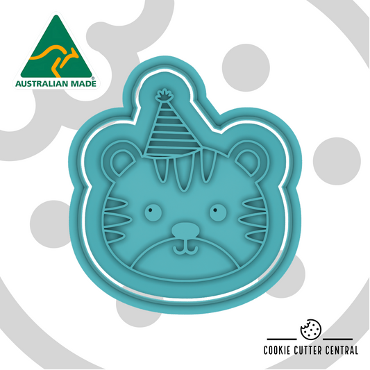 Tiger with Party Hat Cookie Cutter and Embosser - 7.1cm x 6.3cm