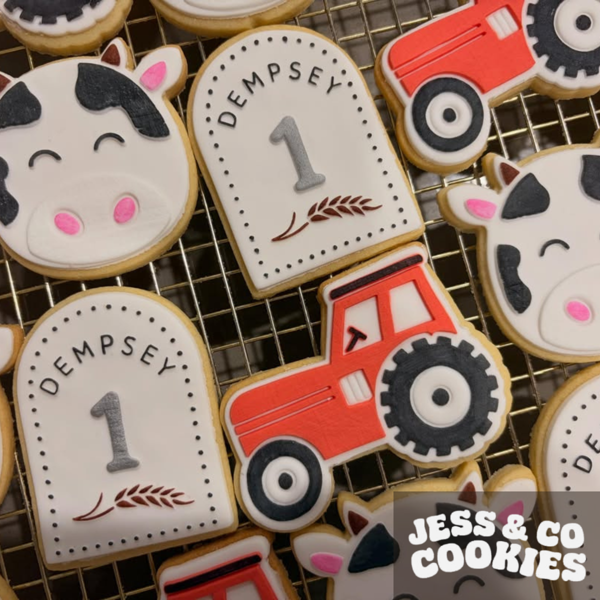Personalised Dempsey first birthday farm cookies made with a custom Cookie Cutter Central design