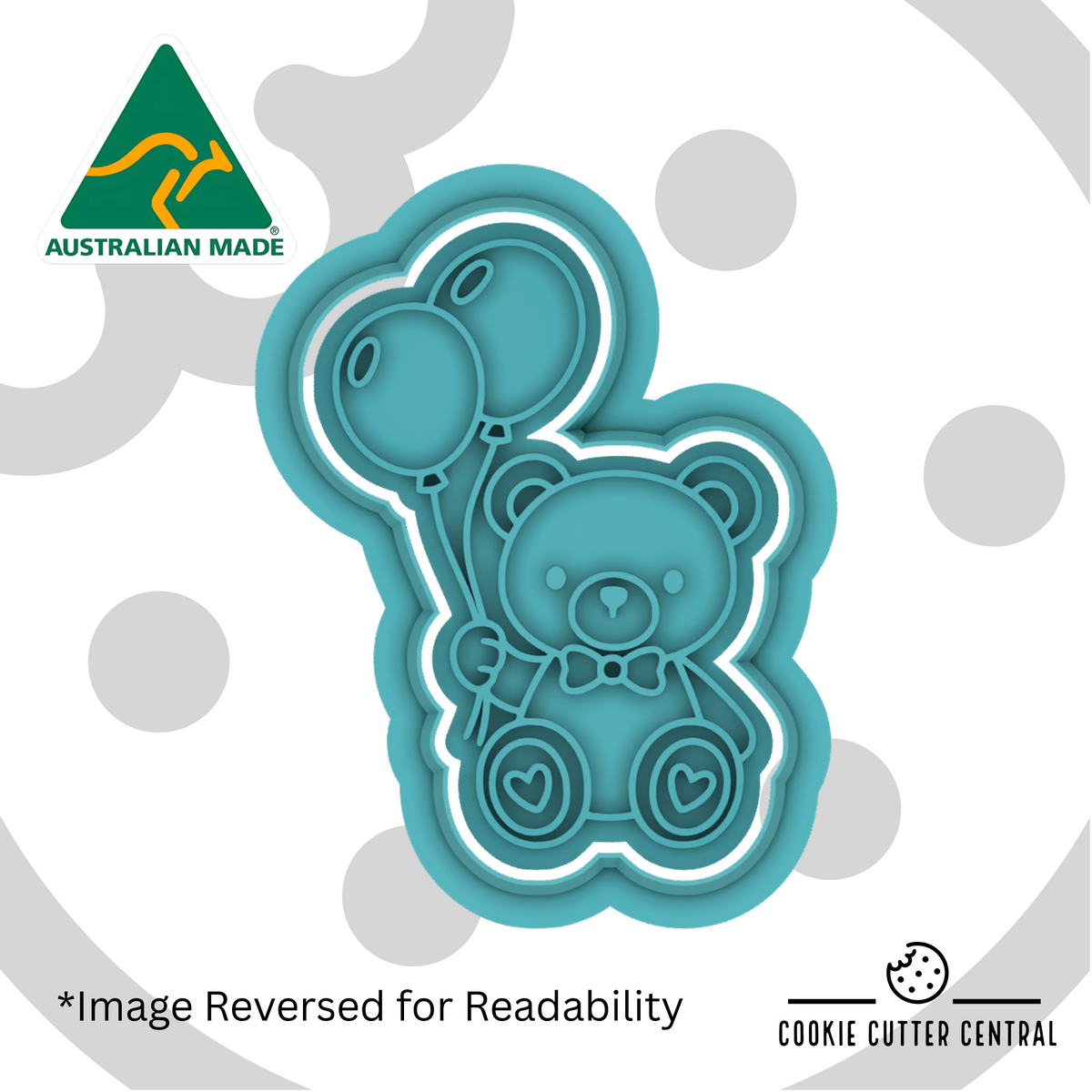Bear with Balloons Mini Cookie Cutter and Embosser - 5cm, featuring a teddy bear holding two balloons