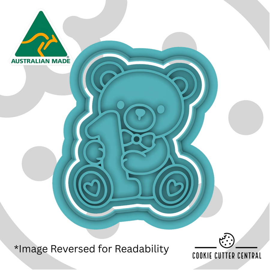 Bear with One Mini Cookie Cutter and Embosser - 5cm, featuring a teddy bear holding the number 1