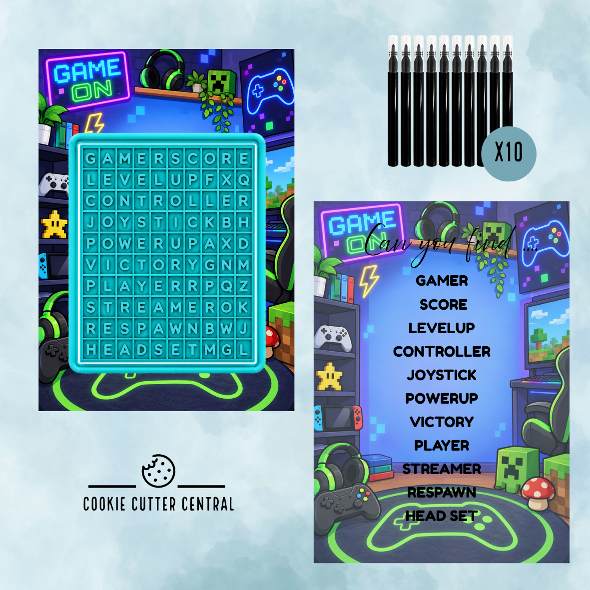 Game Theme Word Search Cookie Activity Set – Cutter, Embosser, Edible Markers & Backing Cards