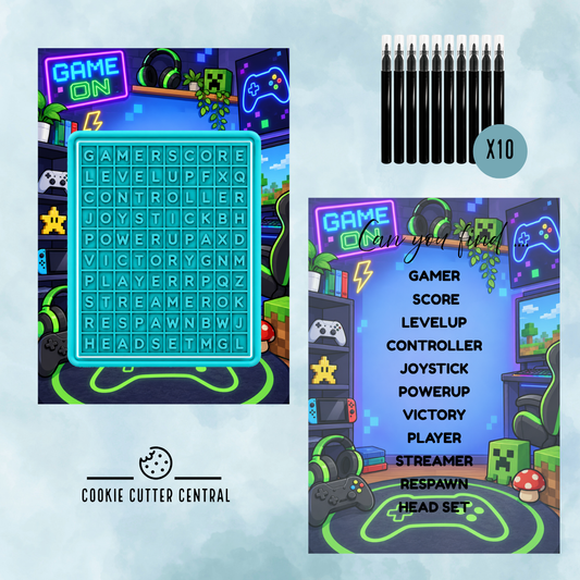 Game Theme Word Search Cookie Activity Set – Cutter, Embosser, Edible Markers & Backing Cards