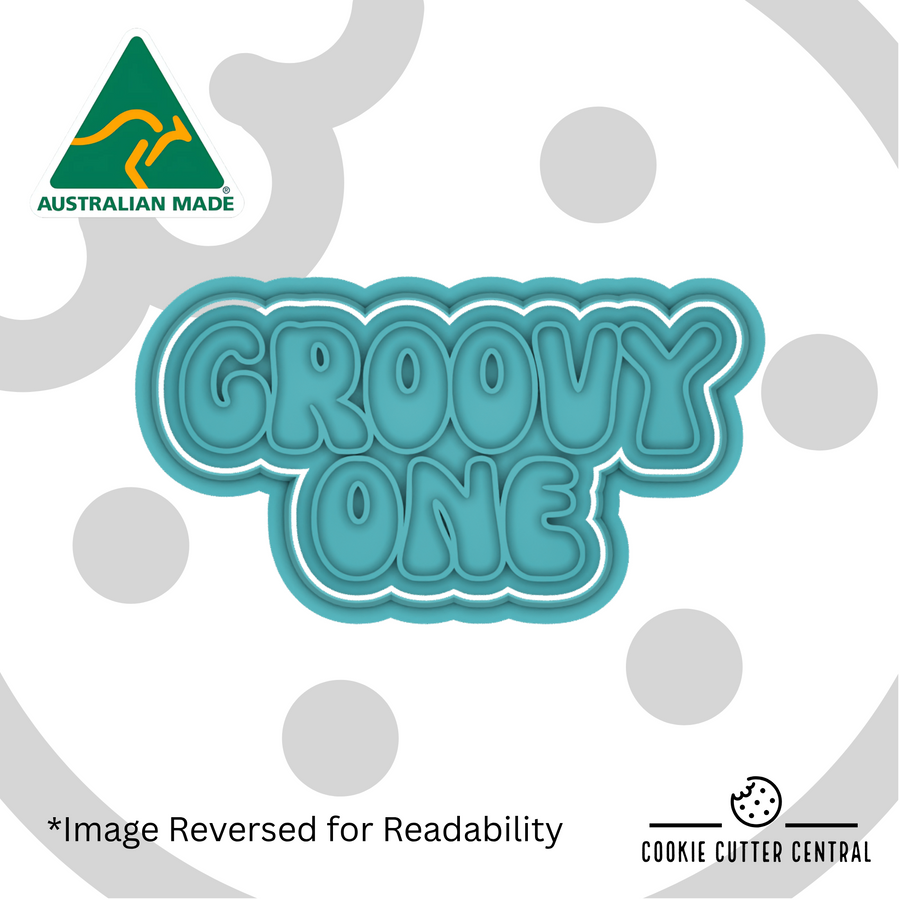 Groovey One Cookie Cutter and Embosser - 5.1cm x 10cm, featuring GROOVY ONE in retro bubble lettering