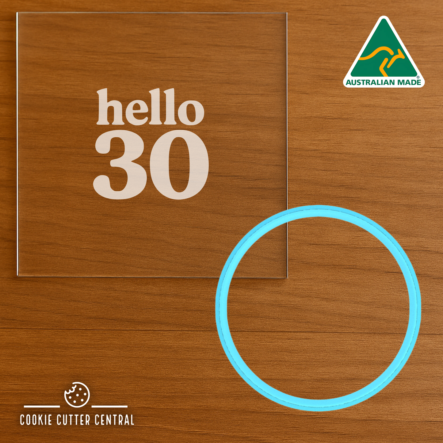 hello 30 (Design 3) Cookie Cutter and Acrylic Debosser - 6.5cm Round