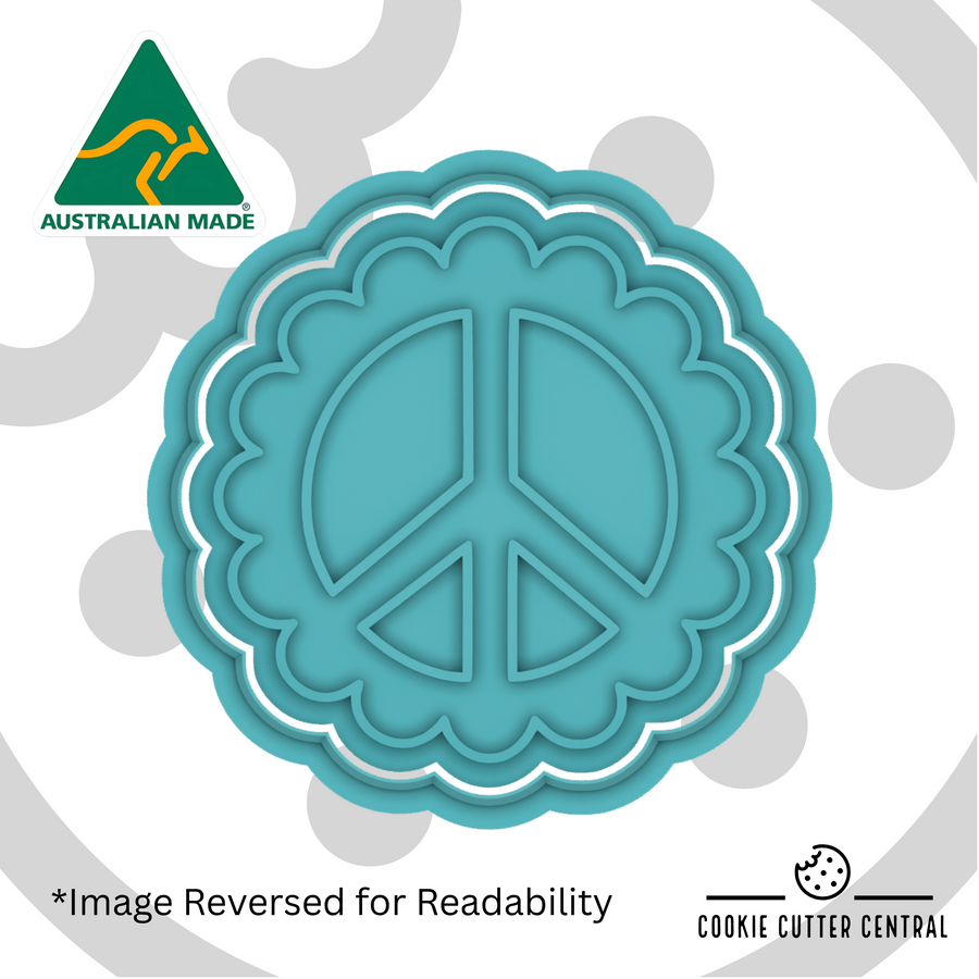Peace Symbol Cookie Cutter and Embosser - 7.2cm, featuring a peace sign within a scalloped border