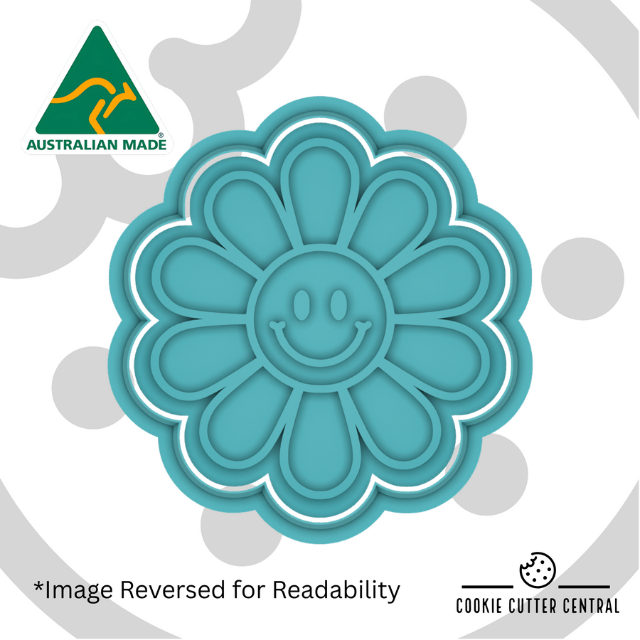 Smiley Face Flower Cookie Cutter and Embosser - 7.5cm x 7.1cm, featuring a flower with a smiling face