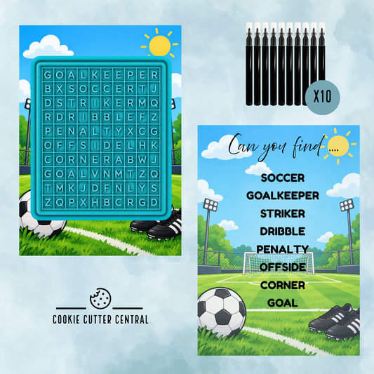 Soccer Theme Word Search Cookie Activity Set – Cutter, Embosser, Edible Markers & Backing Cards