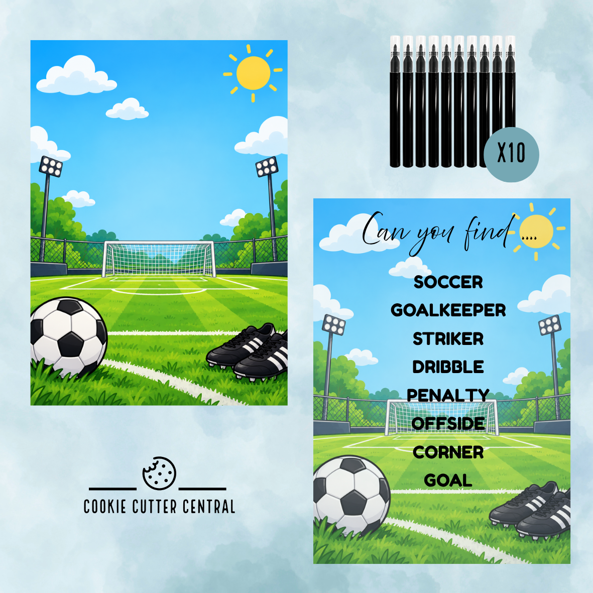 Soccer Theme Word Search Cookie Activity Set – Cutter, Embosser, Edible Markers & Backing Cards